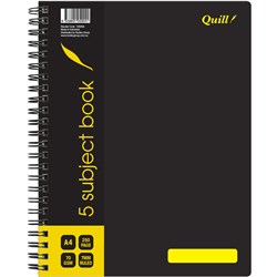 QUILL SUBJECT BOOK A4 5 SUBJECT 7MM RULED 70GSM 250 PAGE BLACK