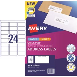 AVERY QUICK PEEL ADDRESS LASER & INKJET LABELS WHITE L7159 64X33.8MM 240 LABELS