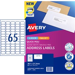 AVERY QUICK PEEL ADDRESS LASER & INKJET LABELS WHITE L7651 38.1 X 21MM 140 LABELS