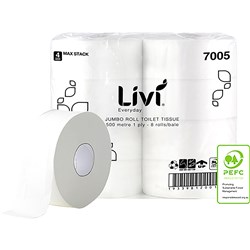 LIVI EVERYDAY TOILET PAPER JUMBO ROLL 1 PLY 500M PACK OF 8