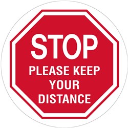 BRADY FLOOR MARKER STOP PLEASE KEEP YOUR DISTANCE 440MM DIAMETER RED/WHITE