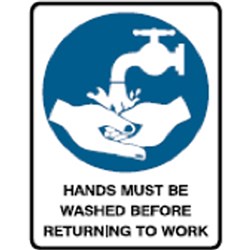 BRADY SAFETY SIGN HANDS MUST BE WASHED METAL 300W X 450MMH WHITE/BLUE/BLACK