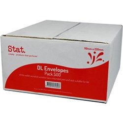 STAT PEEL AND SEAL ENVELOPE DL WINDOW FACE SECRETIVE WHITE PACK OF 500