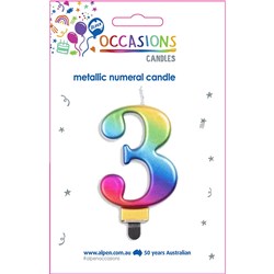 ALPEN JUMBO NUMERICAL BIRTHDAY CANDLE NO. 3 METALLIC RAINBOW