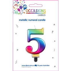 ALPEN JUMBO NUMERICAL BIRTHDAY CANDLE NO. 5 METALLIC RAINBOW