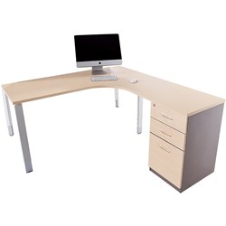 SYLEX OBLIQUE CORNER WORKSTATION 1500MMW RIGHT HAND RETURN + PEDESTAL SNOW MAPLE