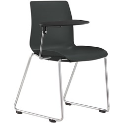 POD CHAIR WITH RIGHT HAND SIDE TABLET ARM SLED CHROME BASE BLACK PLASTIC SEAT