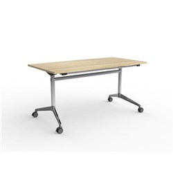 OLG MODULUS FLIP TABLE 1500W X 750D X 720MMH WHITE FRAME CHROME FEET NEW OAK TOP