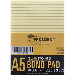 WRITER A5 PREMIUM BOND PAD 50 SHEET RULED 2 SIDES YELLOW PACK OF 5