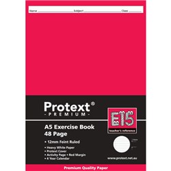 PROTEXT PREMIUM EXERCISE BOOK A5 48 PAGE 12MM RULED RED MARGIN E15