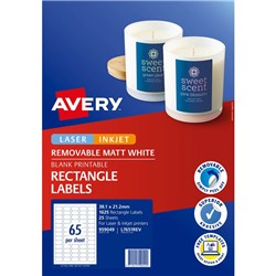 AVERY REMOVABLE LABELS L7651REV 38.1X21.2MM RECTANGLE MATTE WHITE 65UP 1625 LABELS