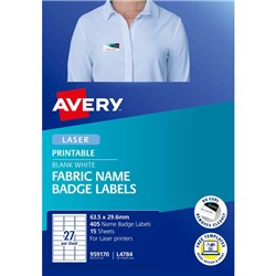 AVERY FABRIC NAME BADGE LASER LABELS WHITE L4784 63.5X29.6MM 27UP 405 LABELS 15 SHEETS