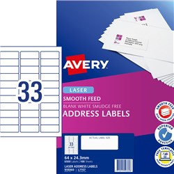 AVERY ADDRESS LASER WHITE L7157 64X24.3MM 33UP 3300 LABELS 100 SHEETS