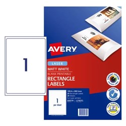 AVERY PRINTABLE LABELS L7167CL 199.6X289.1MM RECTANGLE PHOTO MATTE WHITE 1UP 20 LABELS