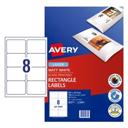 AVERY PRINTABLE LABELS L7165CL 99.1 X 67.7MM RECTANGLE PHOTO MATTE WHITE 8UP 160 LABELS