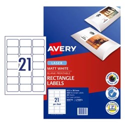 AVERY PRINTABLE LABELS L7160CL 63.5 X 38.1MM RECTANGLE PHOTO MATTE WHITE 21UP 420 LABELS