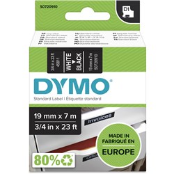DYMO D1 LABEL CASSETTE TAPE 19MMX7M WHITE ON BLACK