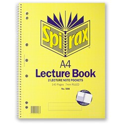SPIRAX 598 LECTURE BOOK PERFORATED WITH NOTE POCKETS A4 RULED 140 PAGE SIDE OPENING