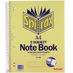 SPIRAX 596 5 SUBJECT NOTEBOOK PERFORATED/NOTE POCKETS A4 RULED 250 PAGE SIDE OPENING