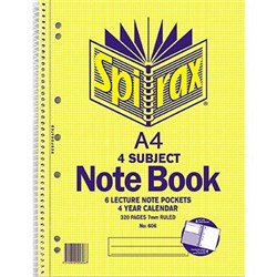 SPIRAX 606 4 SUBJECT NOTEBOOK PERFORATED/NOTE POCKETS A4 RULED 320 PAGE SIDE OPENING