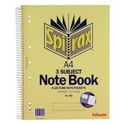SPIRAX 599 3 SUBJECT NOTEBOOK PERFORATED/NOTE POCKETS A4 RULED 300 PAGE SIDE OPENING