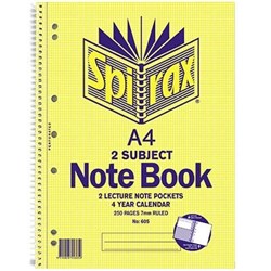 SPIRAX 605 2 SUBJECT NOTEBOOK PERFORATED/NOTE POCKETS A4 RULED 250 PAGE SIDE OPENING