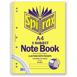 SPIRAX 596C 5 SUBJECT NOTEBOOK NOTE POCKETS/PERFORATED A4 RULED 250 COLOUR PAGE S/O