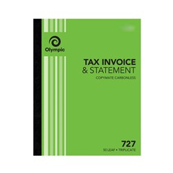 OLYMPIC 727 INVOICE/STATEMENT BOOK CARBONLESS TRIPLICATE 250 X 200MM 50 LEAF GREEN