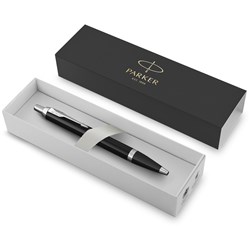 PARKER IM BALLPOINT PEN LACQUER BLACK CHROME TRIM WITH GIFTBOX BLUE REFILL