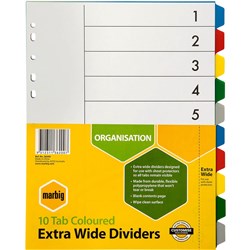 MARBIG PLASTIC INDICES & DIVIDERS A4 EXTRA WIDE 10 TAB MULTI COLOUR