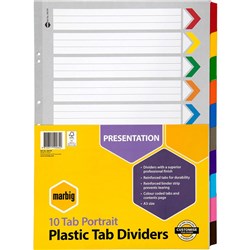 MARBIG PLASTIC INDICES & DIVIDERS A3 REINFORCED 10 TAB PORTRAIT MULTI COLOUR
