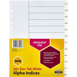 MARBIG PLASTIC INDICES & DIVIDERS A4 JAN-DEC WHITE