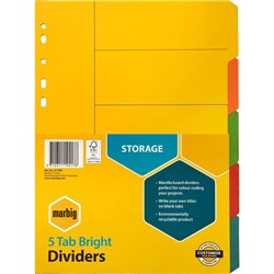 MARBIG MANILLA INDICES & DIVIDERS A4 5 TAB BRIGHT COLOURS