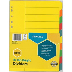 MARBIG MANILLA INDICES & DIVIDERS A4 10 TAB BRIGHT COLOURS