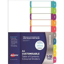 AVERY L7411-10 CUSTOMISABLE DIVIDERS A4 1-10 INDEX TABS BRIGHT ASSORTED