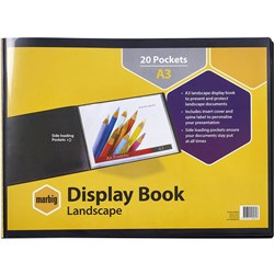 MARBIG DISPLAY BOOK A3 20 POCKET INSERTABLE COVER LANDSCAPE BLACK