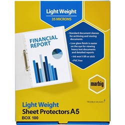 MARBIG SHEET PROTECTORS A5 LIGHT WEIGHT CLEAR BOX OF 100