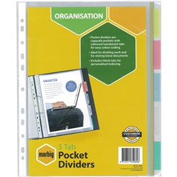 MARBIG PLASTIC INDICES & DIVIDERS A4 5 TAB CLEAR POCKET MULTI COLOUR