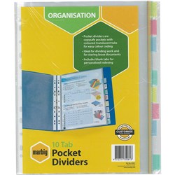 MARBIG PLASTIC INDICES & DIVIDERS A4 10 TAB CLEAR POCKET MULTI COLOUR