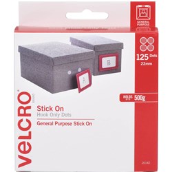 VELCRO BRAND STICK ON HOOK ONLY 22MM 125 DOTS WITH DISPENSER WHITE