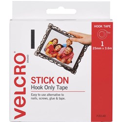 VELCRO BRAND STICK ON HOOK ONLY 25MM X 3.6M TAPE WITH DISPENSER WHITE