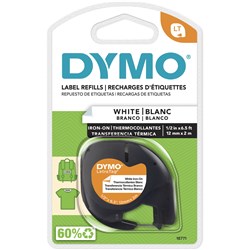 DYMO LETRATAG LABELLING TAPE 12MM X 2M IRON-ON FABRIC BLACK ON WHITE