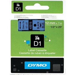 DYMO D1 LABEL CASSETTE TAPE 12MMX7M BLACK ON BLUE