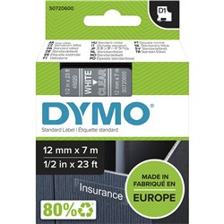 DYMO D1 LABEL CASSETTE TAPE 12MMX7M WHITE ON CLEAR