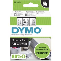 DYMO D1 LABEL CASSETTE TAPE 9MMX7M BLACK ON CLEAR