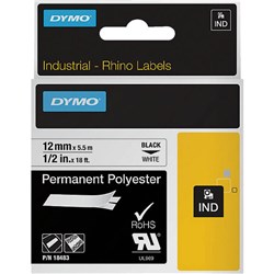 DYMO 18483 RHINO INDUSTRIAL LABELS 12MMX5.5M POLYESTER BLACK ON WHITE