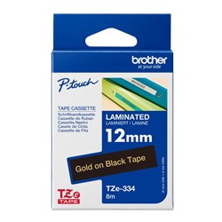 BROTHER TZE-334 P-TOUCH LAMINATED TAPE 12MM X 8M GOLD ON BLACK