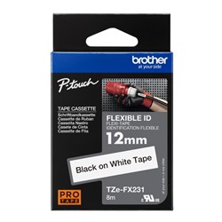 BROTHER TZE-FX231 P-TOUCH TAPE 12MMX8M BLACK ON WHITE FLEXIBLE ID LABELLING