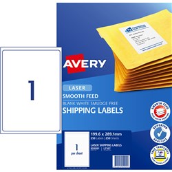 AVERY LASER SHIPPING LABELS WHITE L7167 199.6X289.1MM 1UP 250 LABELS 250 SHEETS
