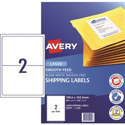 AVERY LASER SHIPPING LABELS WHITE L7168 199.6X143.5MM 2UP 500 LABELS 250 SHEETS